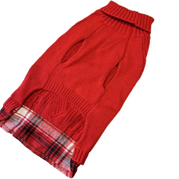 Red Cable Knit Dog Sweater w/ Flannel & Turtleneck | Small Winter & Christmas - Picture 2 of 4